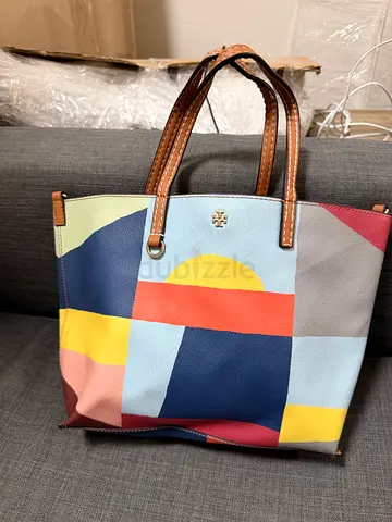 Tory Burch colorblock leather tote bag - light blue with tan straps