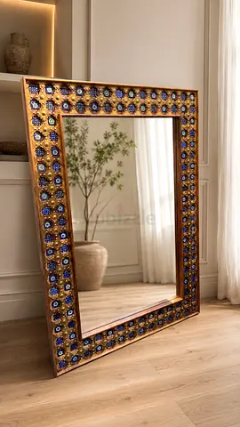 Large Decorative Floor Mirror with Ornate Blue-Gold Frame
