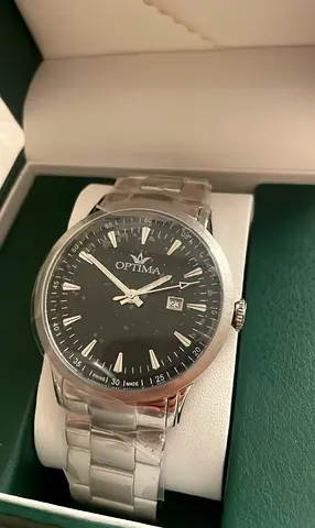 Optima men's stainless steel wristwatch with black dial, like new