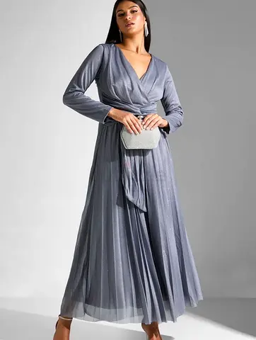 Elegant Grey Shimmer Long Sleeve Maxi Dress