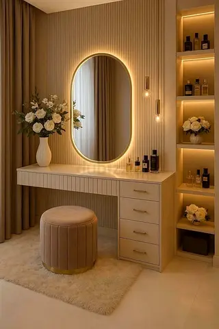 Vanity Dressing Table Set with LED Mirror and Stool - Beige