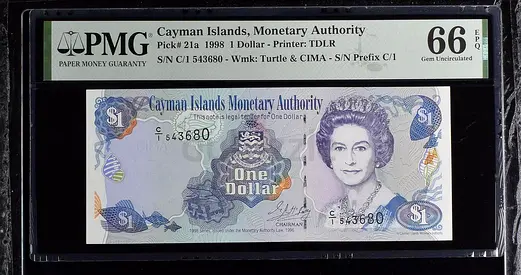 CAYMAN ISLAND 1 DOLLAR BANKNOTE 1998 PMG 66