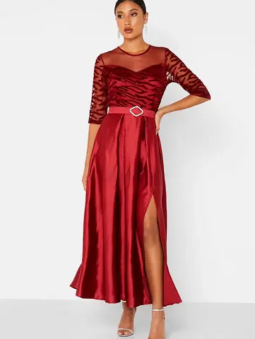 Burgundy Satin Maxi Dress with Sheer Tiger Print Bodice