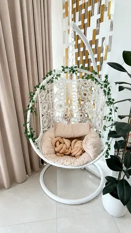 White Rattan Hanging Egg Chair with Stand — Comfortable Cushions Included