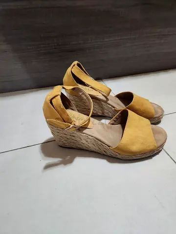 Yellow suede wedge sandals, comfortable espadrille style, size unknown