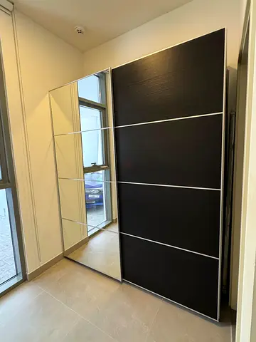 Large Sliding Wardrobe with Mirrored Door — Dark Wood Finish