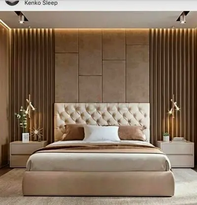 King Size Upholstered Bed with Padded Headboard and Matching Nightstands