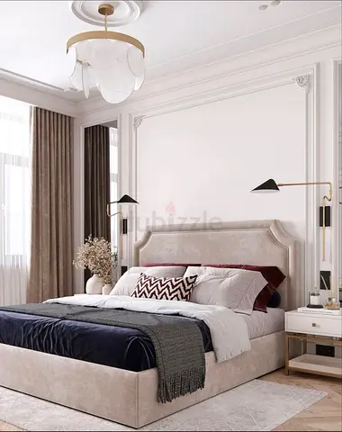 Fabric Upholstered Double Bed with Headboard