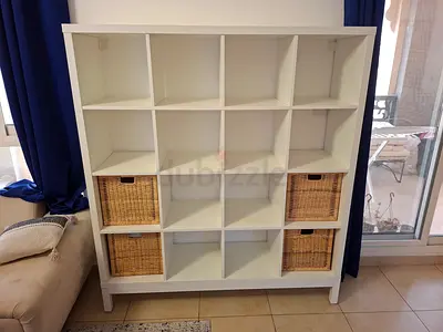 White 4x4 Cube Storage Shelving Unit with 4 Wicker Baskets