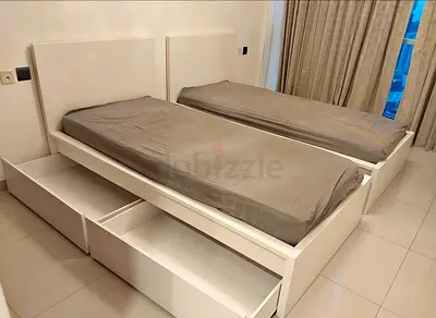 Ikea white single bed frame with ikeam mattress and drawers also