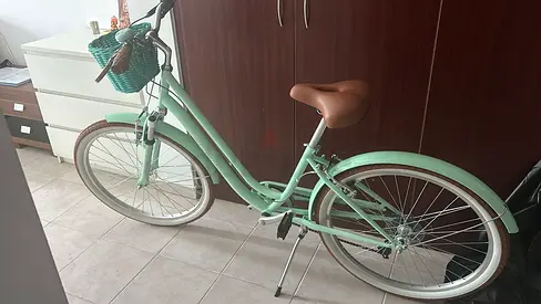 Light green cruiser bicycle with basket — good condition