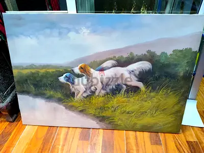 Original oil painting of two hunting dogs in a landscape-94x64cm