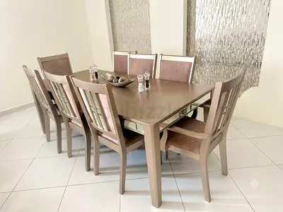 Luxury Gold Chrome 8-Seater Dining Table & Chairs Set with Mirrored Trim