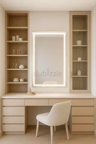 Built-in Wooden Vanity Desk with Shelves and LED Mirror - Light Oak Finish