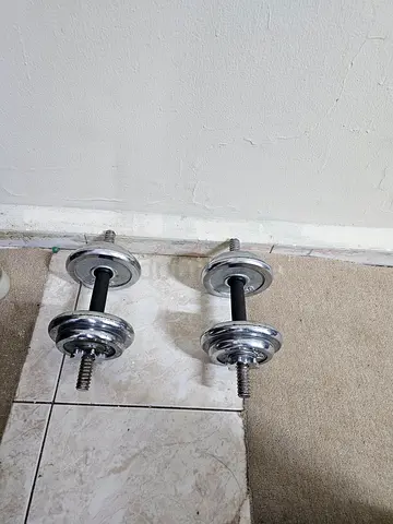 Pair of adjustable chrome dumbbells with weight plates