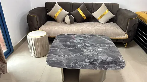 2 PCS x 3-seater velvet sofa with marble-top coffee table with Pillows and Cusions URGENT SALE