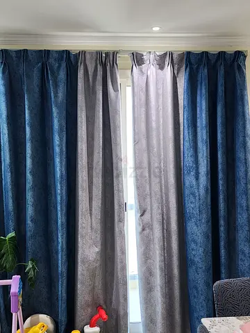 Pair of Blue-Grey Velvet Blackout Curtains with Net Curtains and Rods - Great Condition