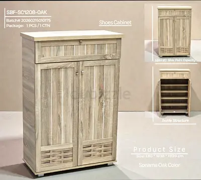 Sonama Oak Shoe Cabinet / Storage Cupboard - 3-Tier, 20 Pairs