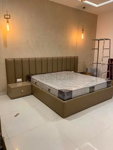 Custom Made Modern Leatherette Bed Set with Matching Side Tables