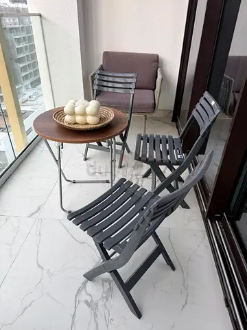 Outdoor balcony bistro set - wooden table with 2 folding chairs + extra lounge chair