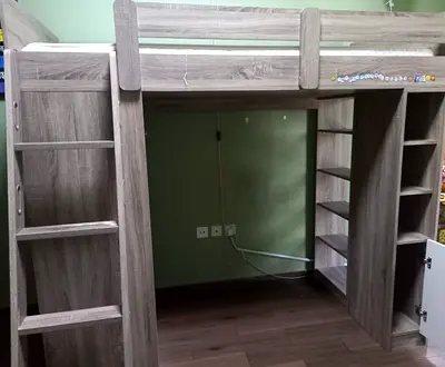 Loft Bed with Built-in Shelves and Wardrobe - Light Wood Finish