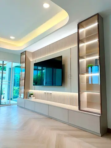 Modern built-in entertainment unit with LED display cabinets