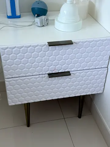 Two White Textured 2-Drawer Bedside Table with Metal Legs