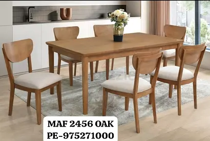Solid Oak 6-Seater Dining Table with Cushioned Chairs - Light Oak Finish
