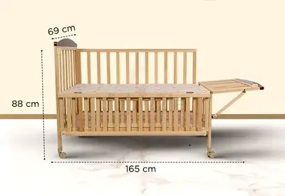 Baby wooden cot with mosquito net Adjustable Height, Storage Shelf & Lockable Wheels (Wooden Finish)