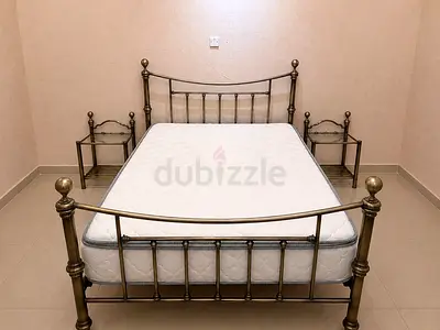 Metal Double Bed Frame with Two Matching Side Tables - Good Condition