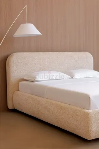 Beige Upholstered Double Bed with Padded Headboard