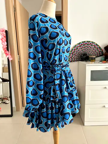 Chow le Frique Blue patterned short dress with belt L