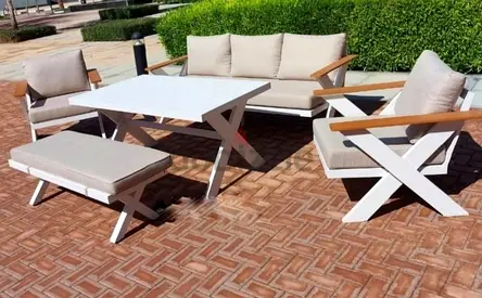 Outdoor 4-piece lounge set with coffee table — beige cushions, aluminium one