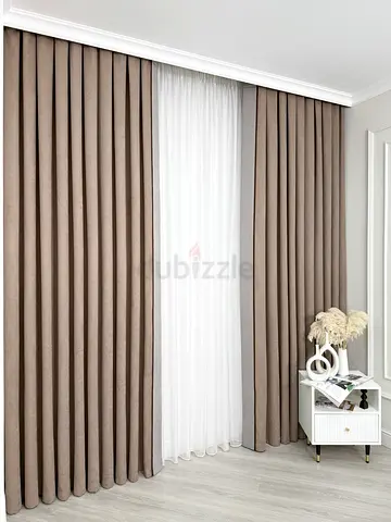 Full-length floor-to-ceiling beige blackout curtains with sheer liner - set of panels