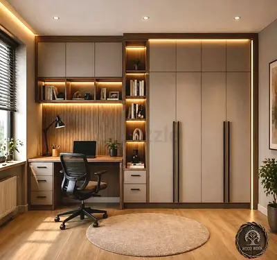Built-in Wardrobe with Integrated Study Desk and Shelving