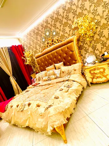 Royal style super king size bed with mattress and side tables