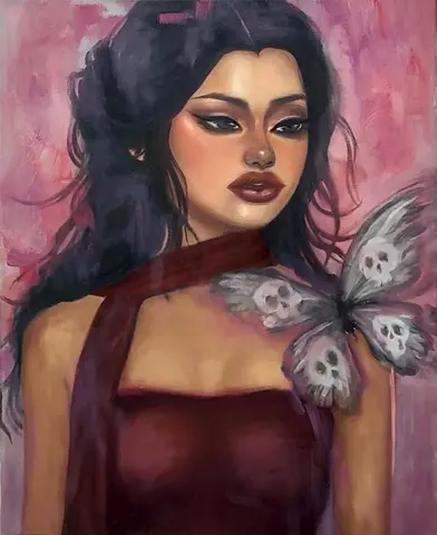 Original Figurative Oil Painting of Woman with Skull-Patterned Butterfly