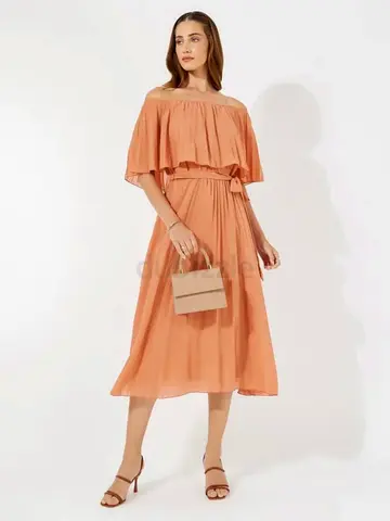 Elegant Off Shoulder Peach Pleated Midi Dress