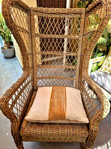 Wicker Rattan High-Back Armchair with Cushions - Good Condition