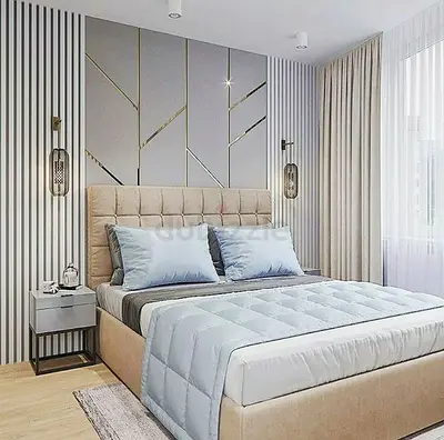 Queen upholstered bed with padded headboard - light beige