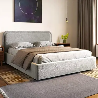 Upholstered Double Bed Frame with Padded Headboard - Light Gray
