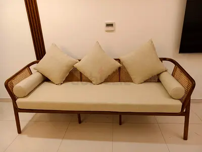 Mid-century Rattans Wood Sofa with Cushions - 3 Seater