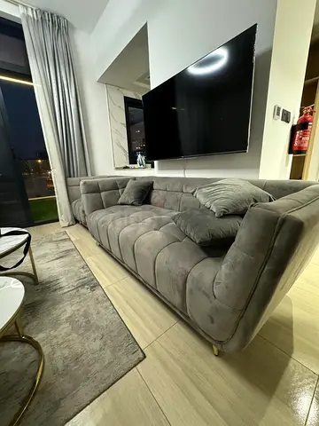 3-seater Grey Velvet Sofa — Modern Tufted Design, Good Condition