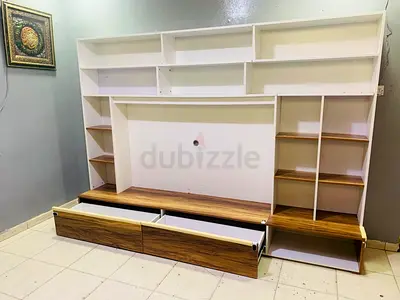 Large White & Wood Entertainment Center / TV Wall Unit with Shelves and Drawers