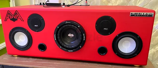 Custom Red Multimedia Speaker Box with Subwoofer and Dual Speakers
