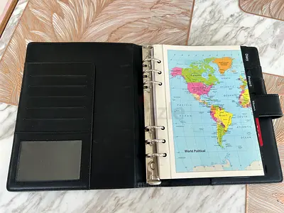 Black Leather Ring-Binder Organizer with Map Inserts - A5/Personal Size