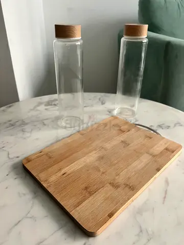 Used Bamboo Cutting Board with Metal Handle & 2 Water Bottle - Good Condition