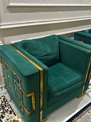 Emerald Green Velvet Armchair with Gold Metal Frame - Good Condition