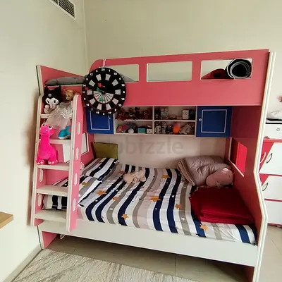 Pink Kids Bunk Bed with Storage Shelves and Ladder - Good Condition