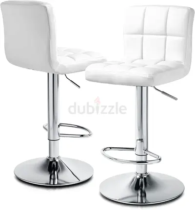 Set of 2 White Adjustable Bar Stools with Chrome Base